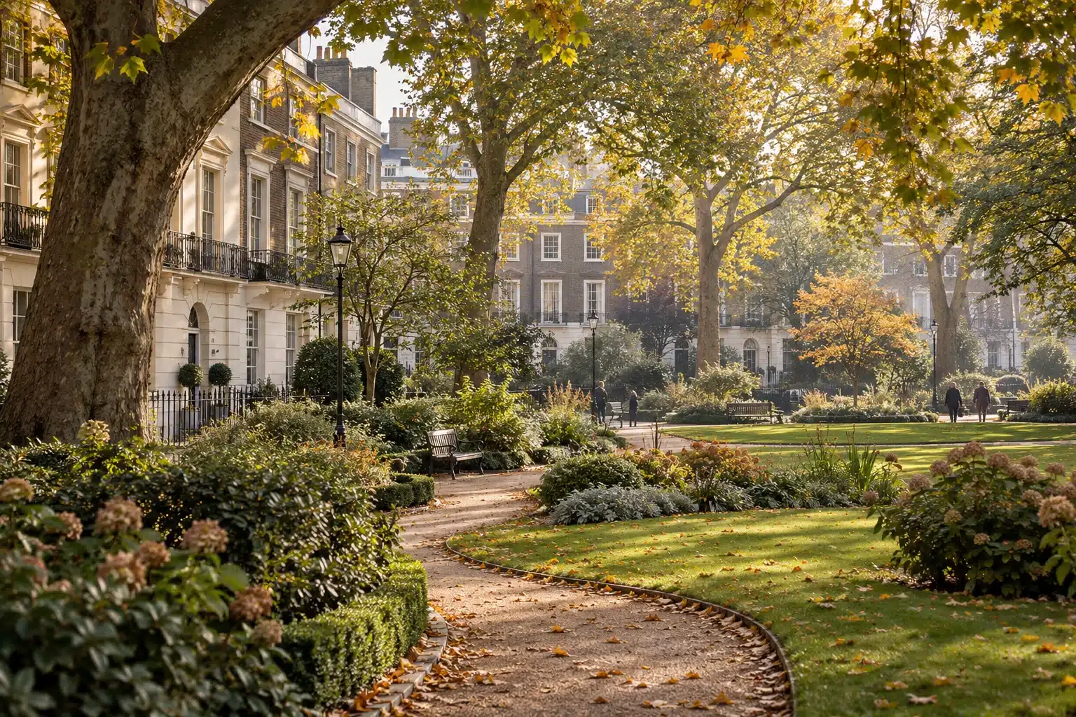 Illustrative London garden square with mature trees and Georgian townhouses