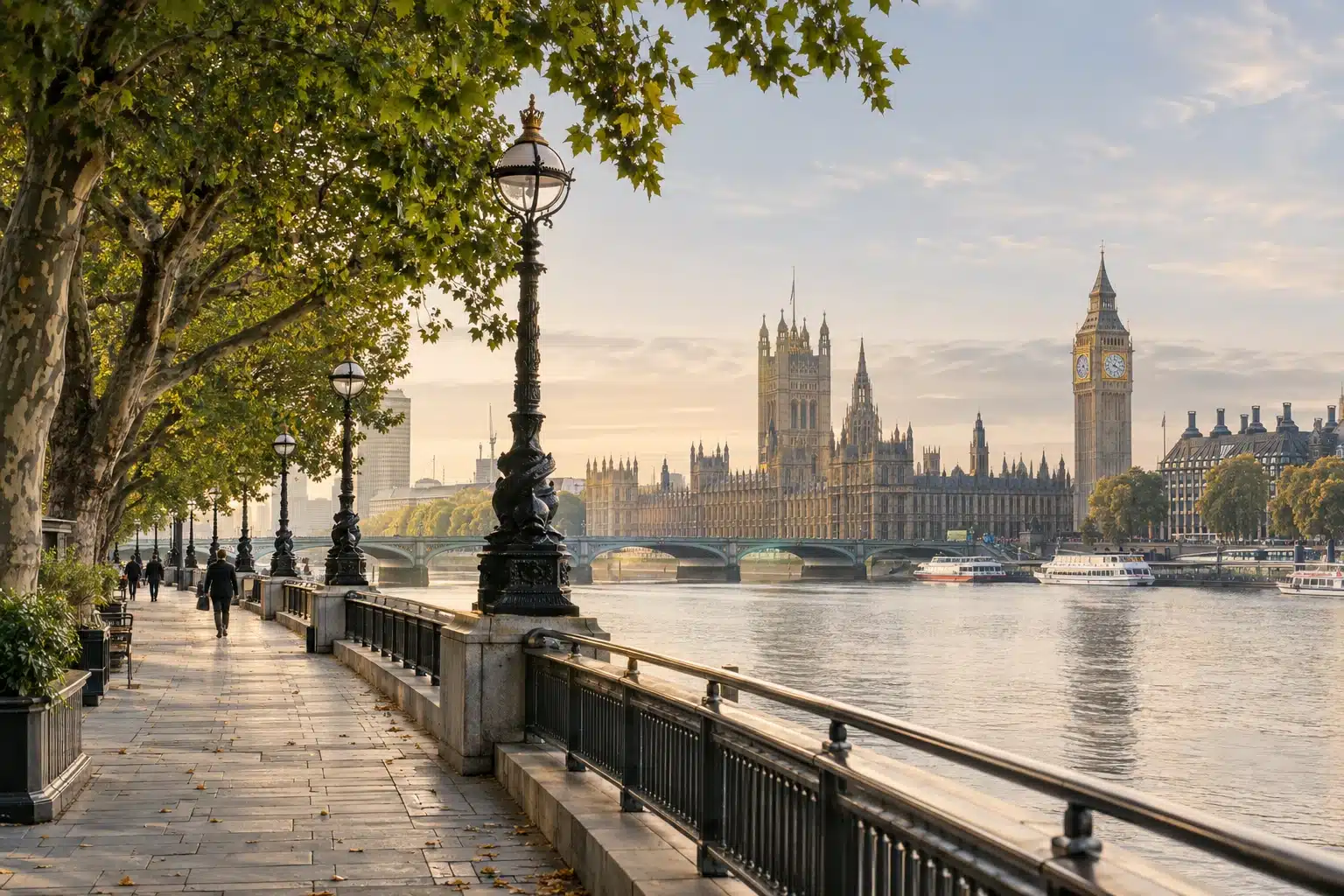Illustrative Thames riverside promenade overlooking Westminster